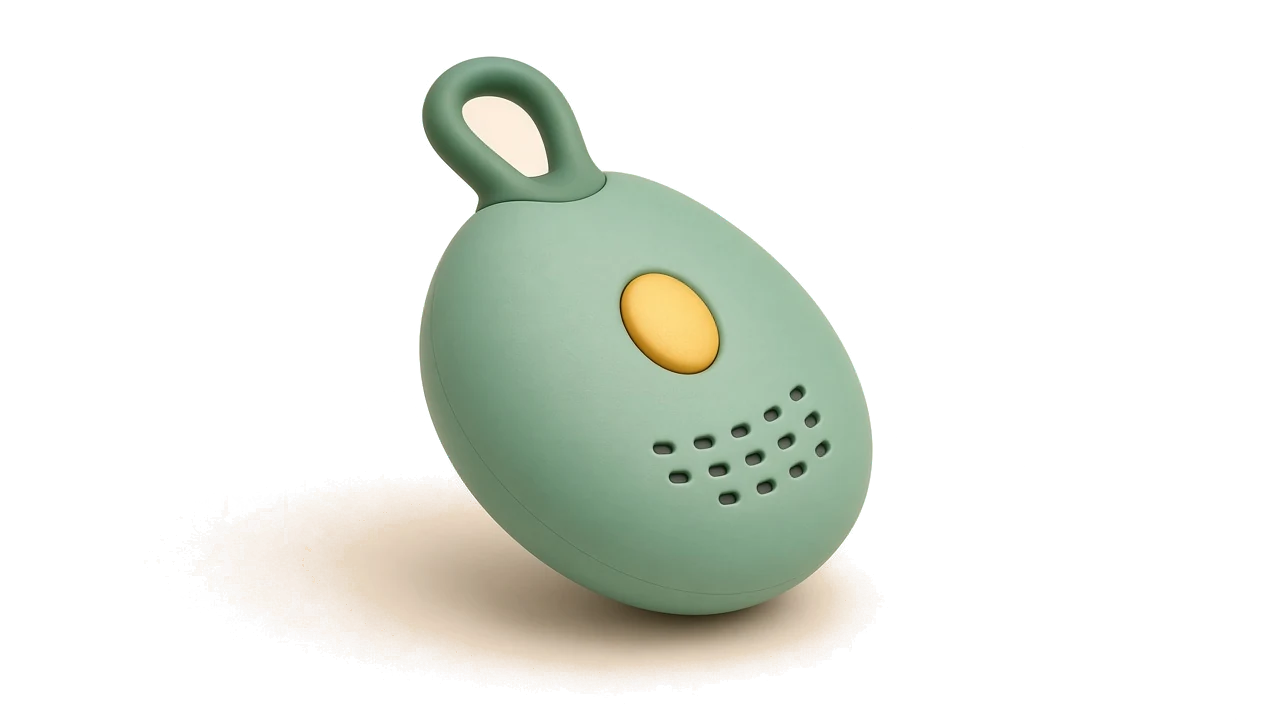 A sage egg with one gold button, a speaker grille and a loop